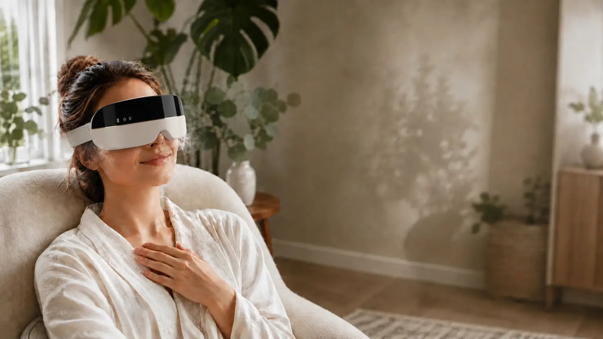 Woman relaxing with the Calmerity steam eye mask